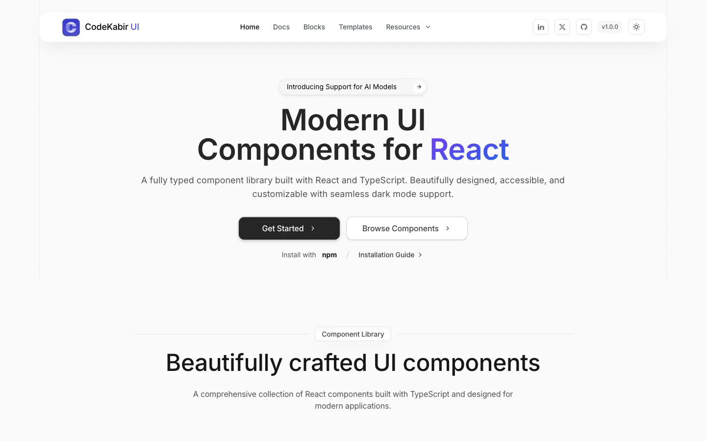 Page d'accueil de CodeKabir UI présentant des composants d'interface modernes pour React
