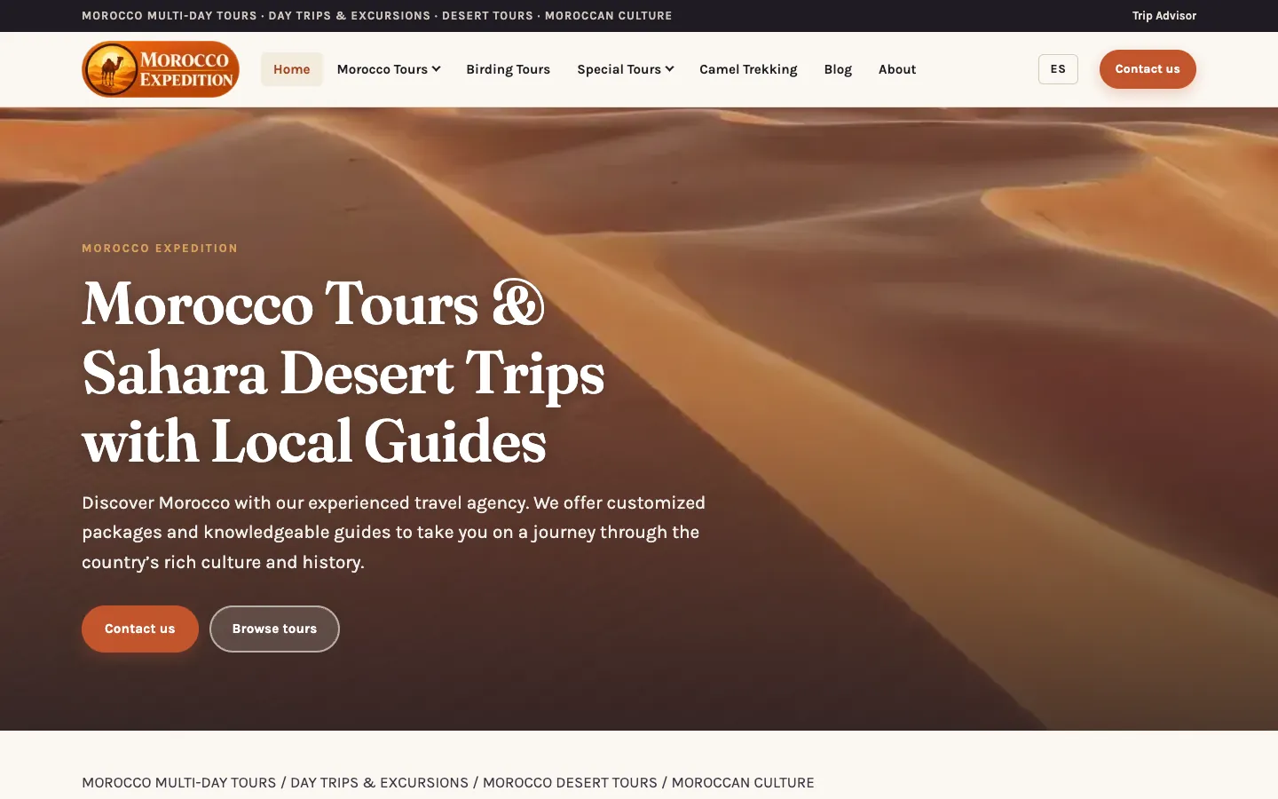 Page d'accueil de Morocco Expedition présentant des circuits dans le désert du Sahara
