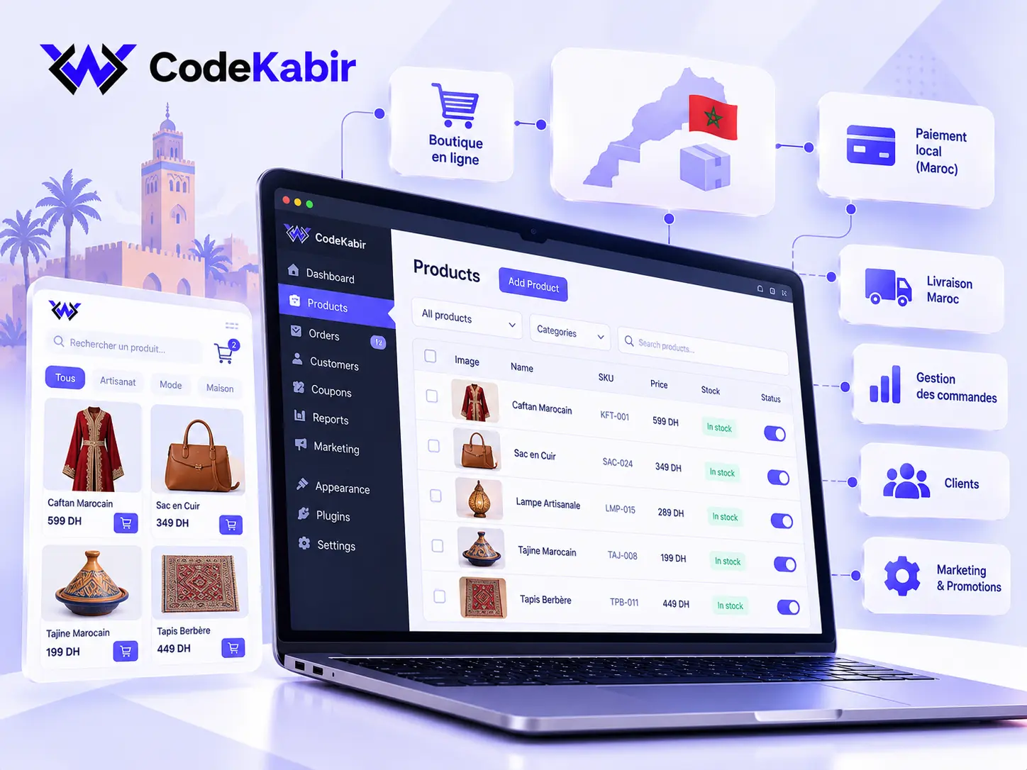 Boutique en ligne marocaine : catalogue de produits en dirhams, paiement, livraison et gestion des commandes