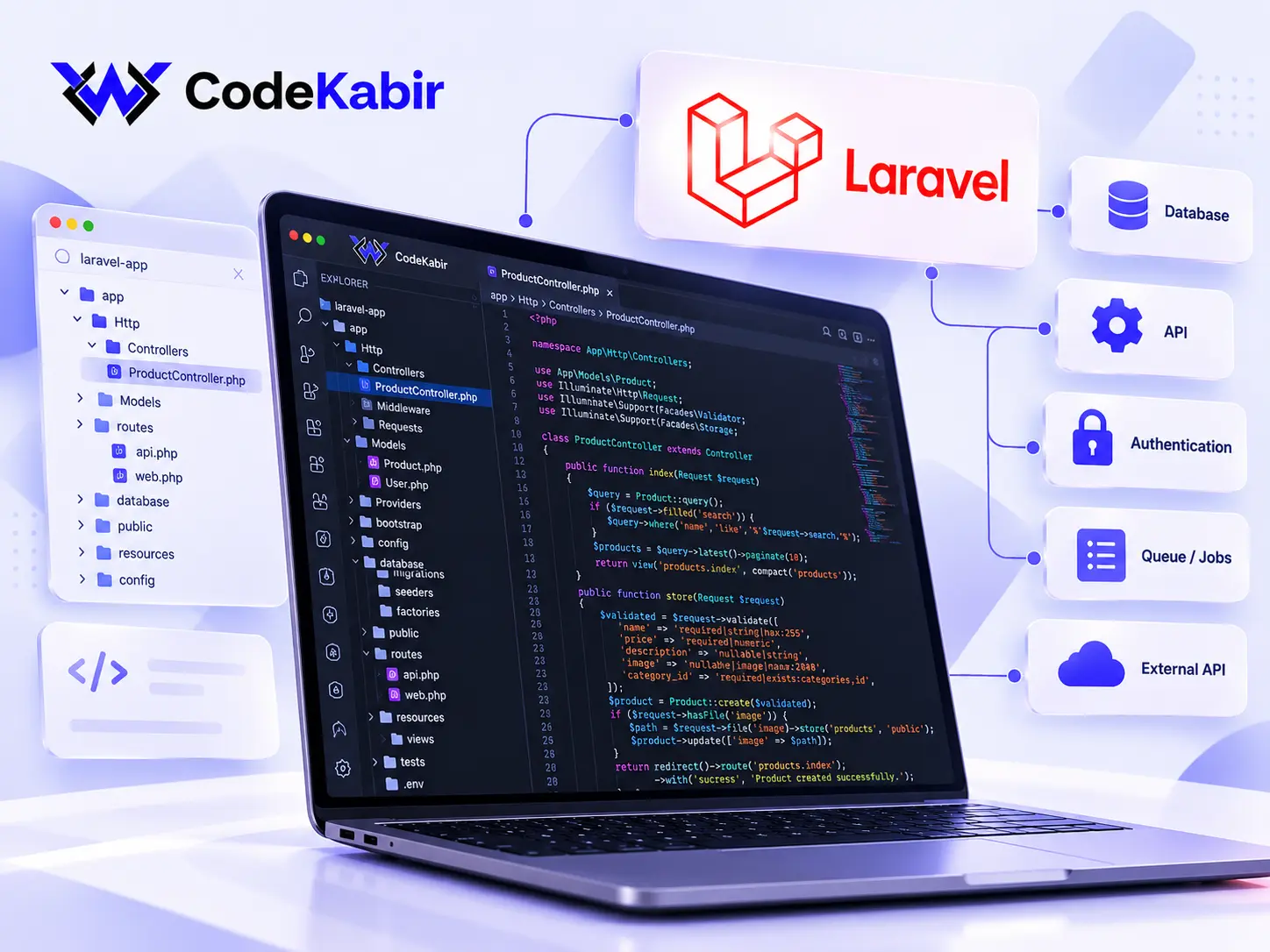 Laravel development workspace with PHP code and back-end architecture: database, API, authentication and queues