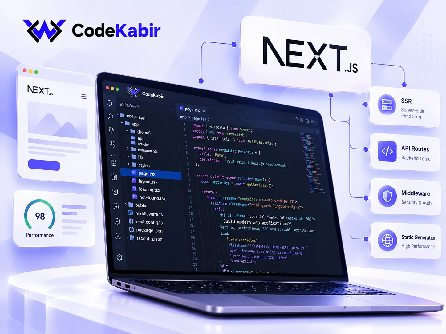 Next.js development workspace with application code, server-side rendering, API routes and static generation