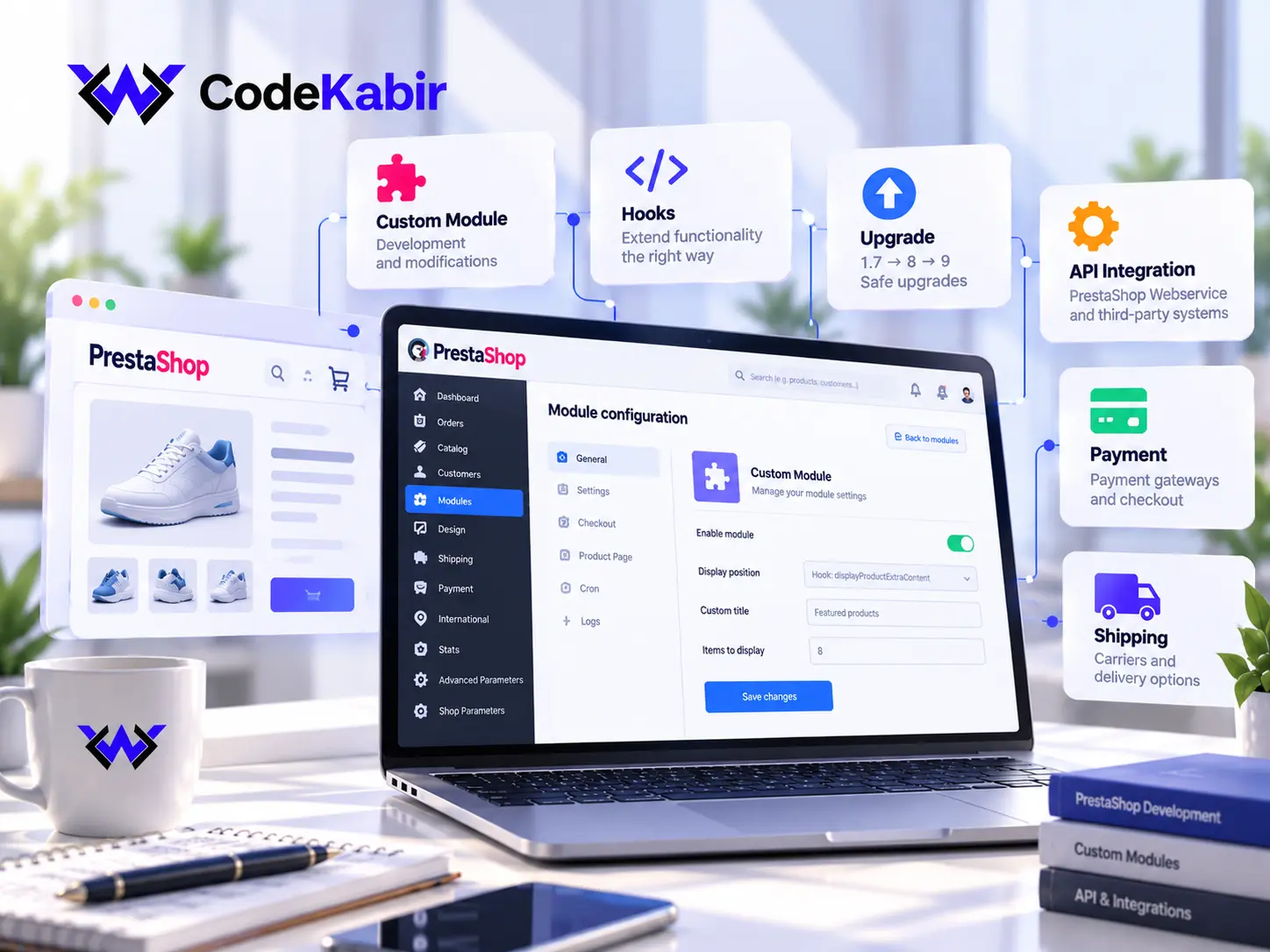 PrestaShop development workspace: a custom module configuration screen in the PrestaShop back office, a product page, and services such as custom modules, hooks, upgrades, API integration, payment and shipping