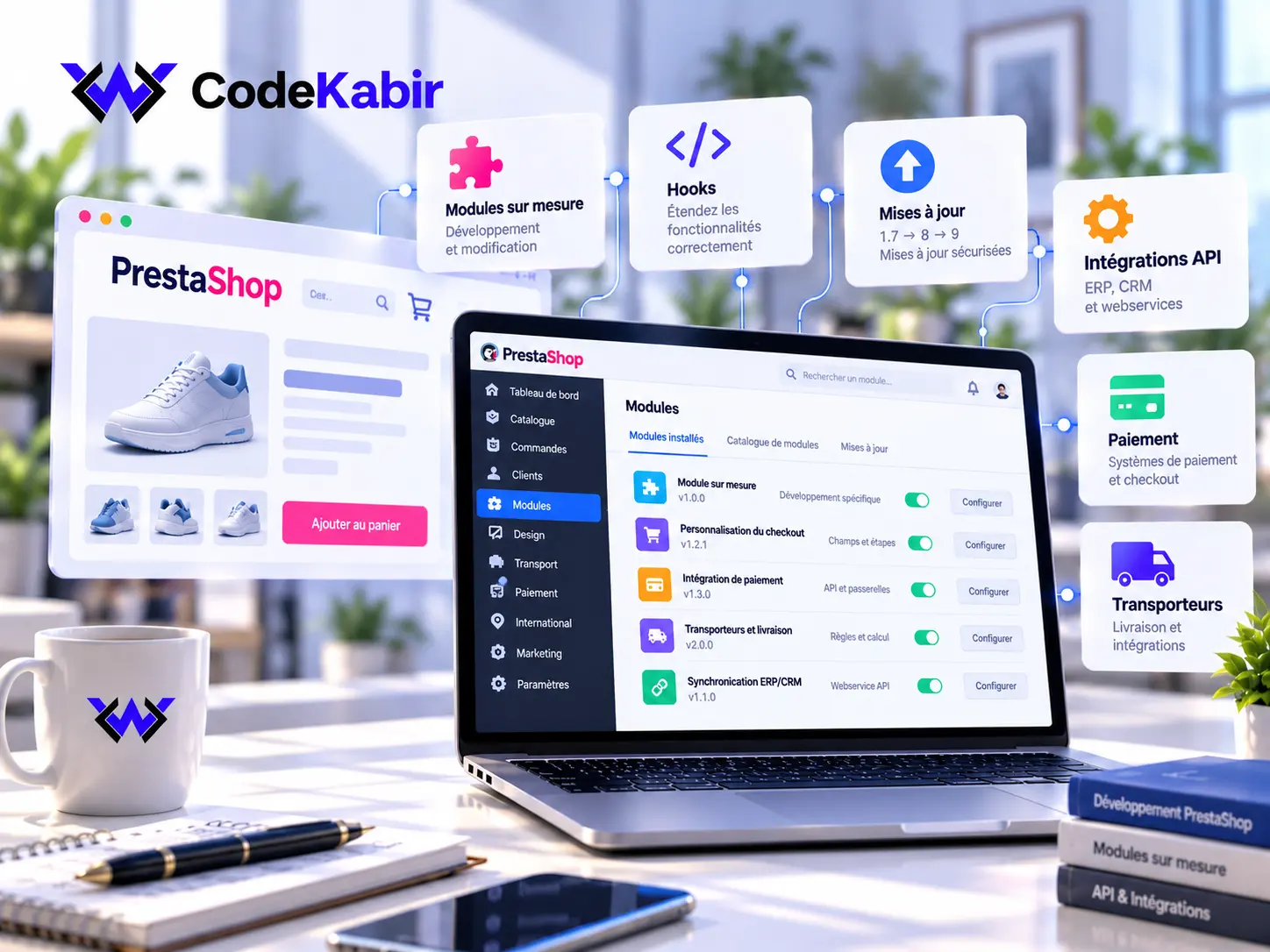Espace de développement PrestaShop : liste des modules dans le back-office, fiche produit de la boutique et prestations comme les modules sur mesure, les hooks, les mises à jour, les intégrations API, le paiement et les transporteurs