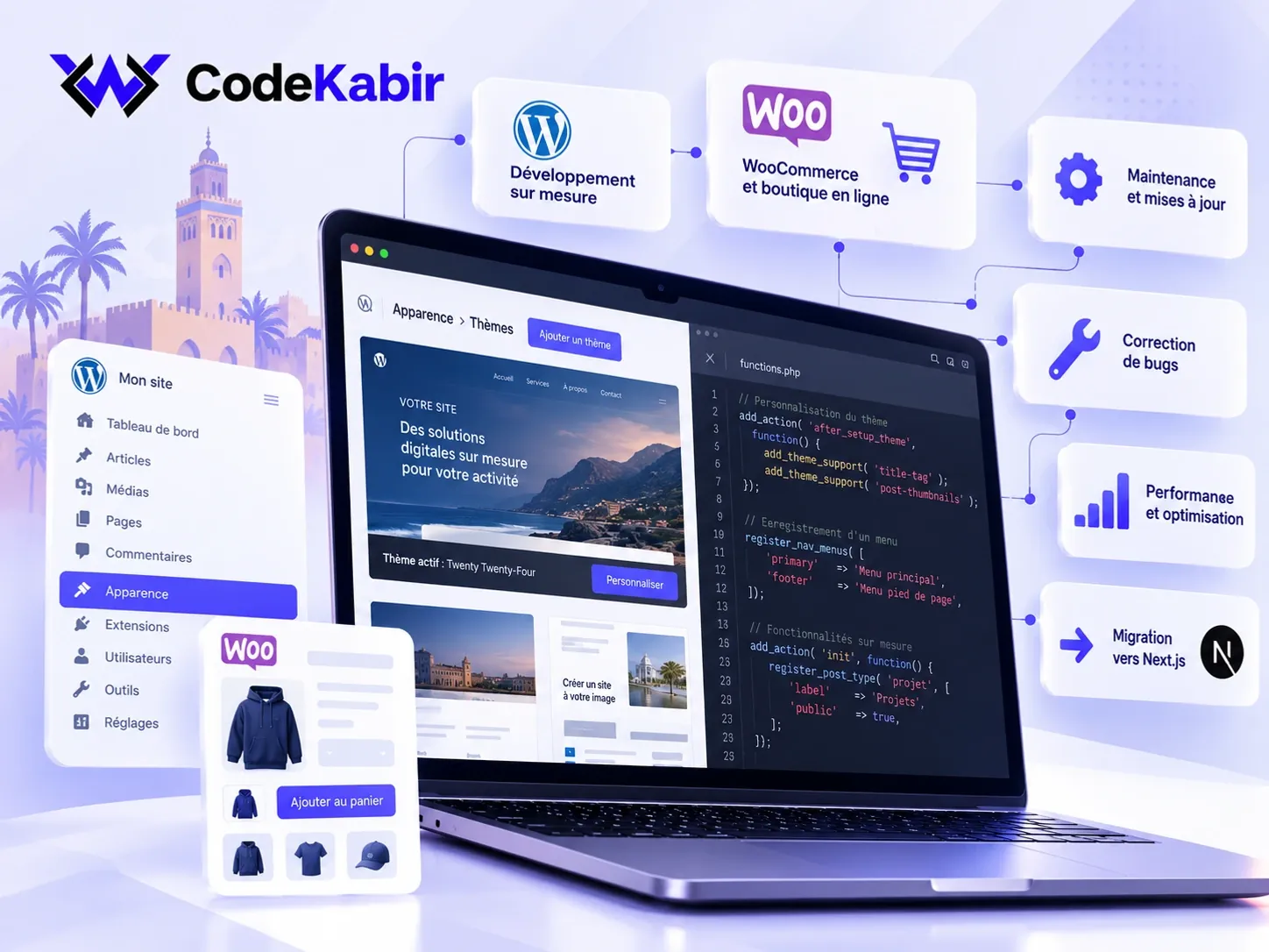Développement WordPress et WooCommerce : administration WordPress, thème et code functions.php sur un ordinateur portable, avec la maintenance, la correction de bugs, la performance et la migration vers Next.js