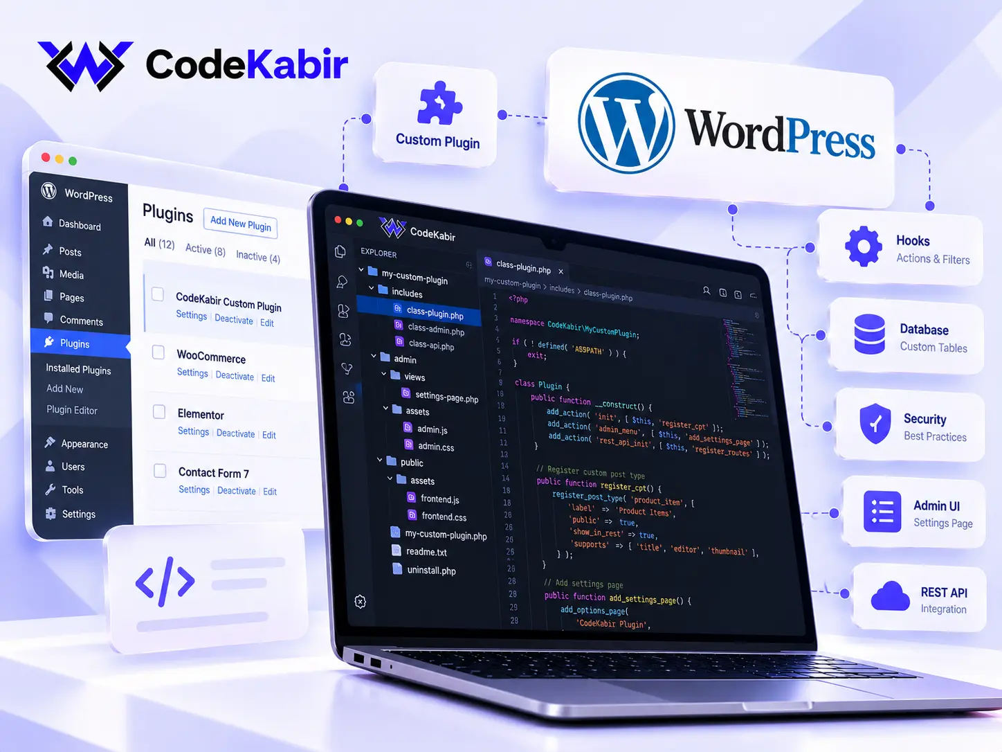 WordPress plugin development workspace with custom plugin code and the WordPress plugins admin